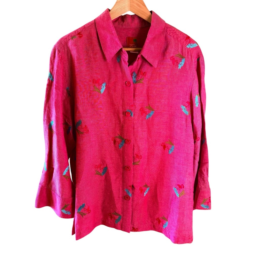 Hearts of Palm Women's Flamingo Embroidered Button Down Shirt Linen Blend Sz‎ 14